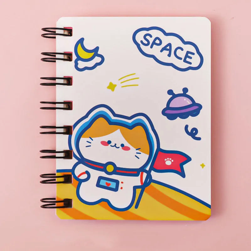 Astronaut-themed portable pocket flipper notebook showing 10.5x8cm size and cover design options