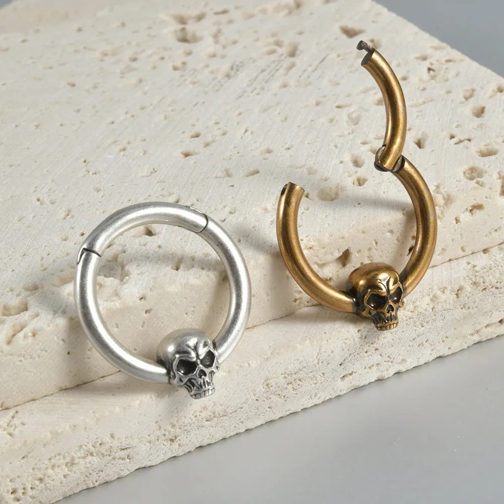 Copper vintage punk earrings with ghost head charms in antique silver or ancient gold finish.