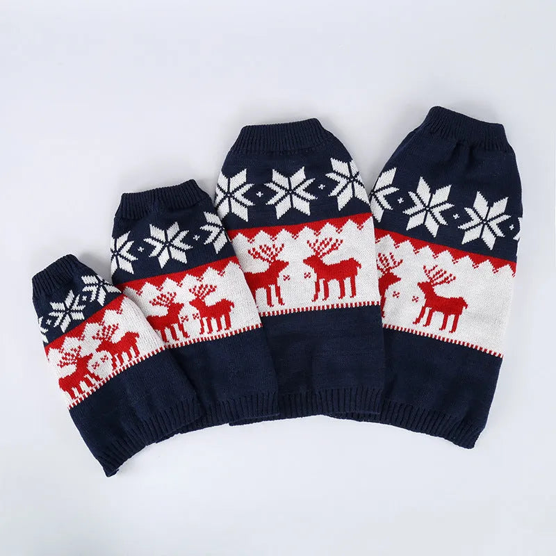 Navy blue knitted Christmas sweater for dogs on mannequin showing European style design