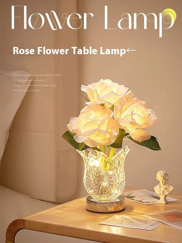 Crystal flowers table lamp with touch dimming controls and USB charging port