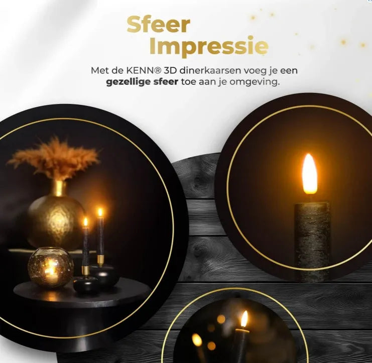 Black LED taper candle with glowing 3D flame effect on a dark background.