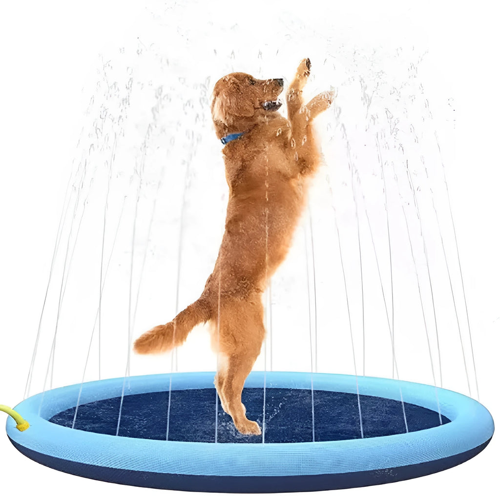 Large inflatable PVC dog pool splash pad with anti-slip base in a garden.