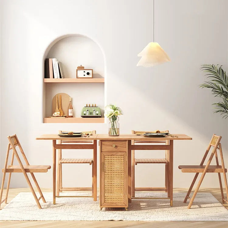 Wooden folding dining table with rattan log finish in natural wood colour, 1.45m or 1.57m option