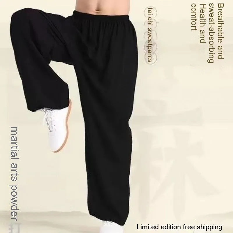 Child wearing black high elasticity Sanda practice pants made from spandex Lycra for martial arts training.