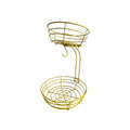 Black double-layer wrought iron fruit basket with open-weave shelves for storing produce.