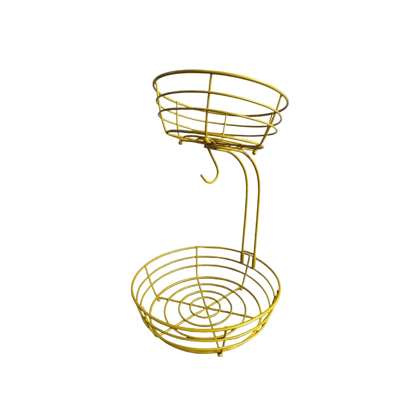 Black double-layer wrought iron fruit basket with open-weave shelves for storing produce.