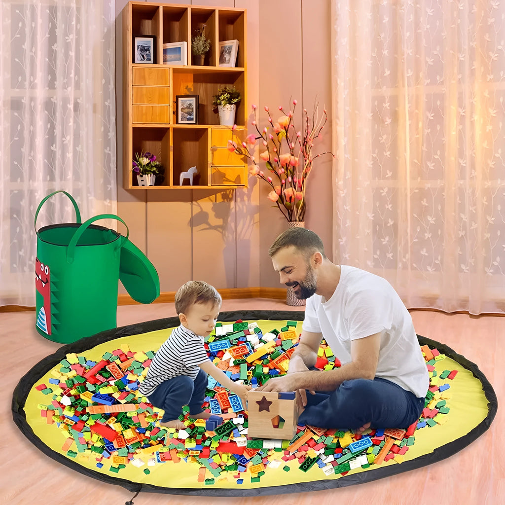 Green felt cube storage bag with pull rope shown as both a toy play mat and closed storage container
