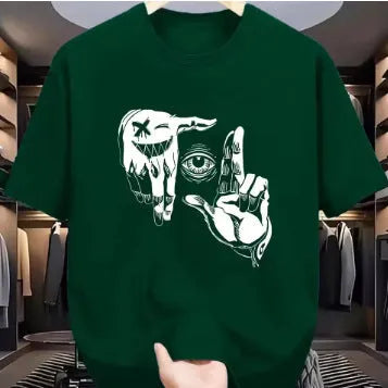 Men's cartoon print t-shirt in bird eye cloth showing round neck and short sleeve design