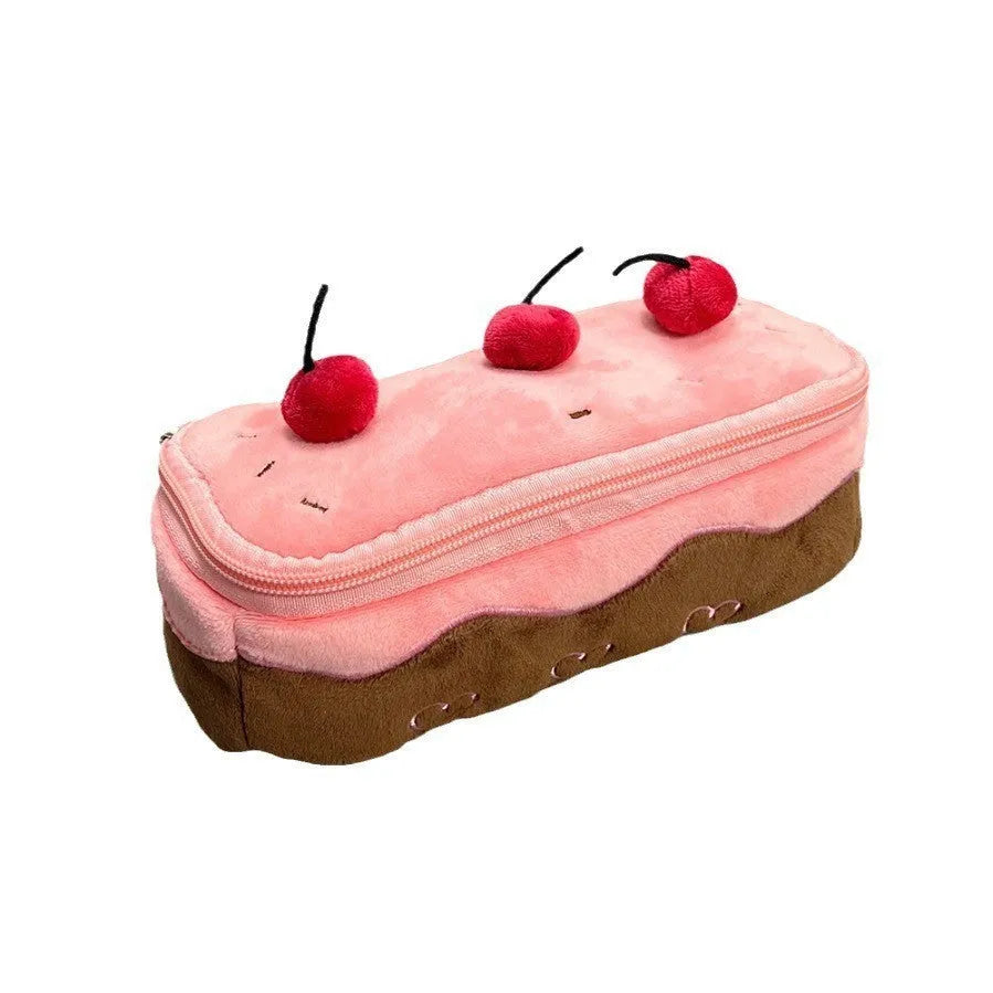 Cherry Cake coloured velvet plush pencil bag, Korean style design.