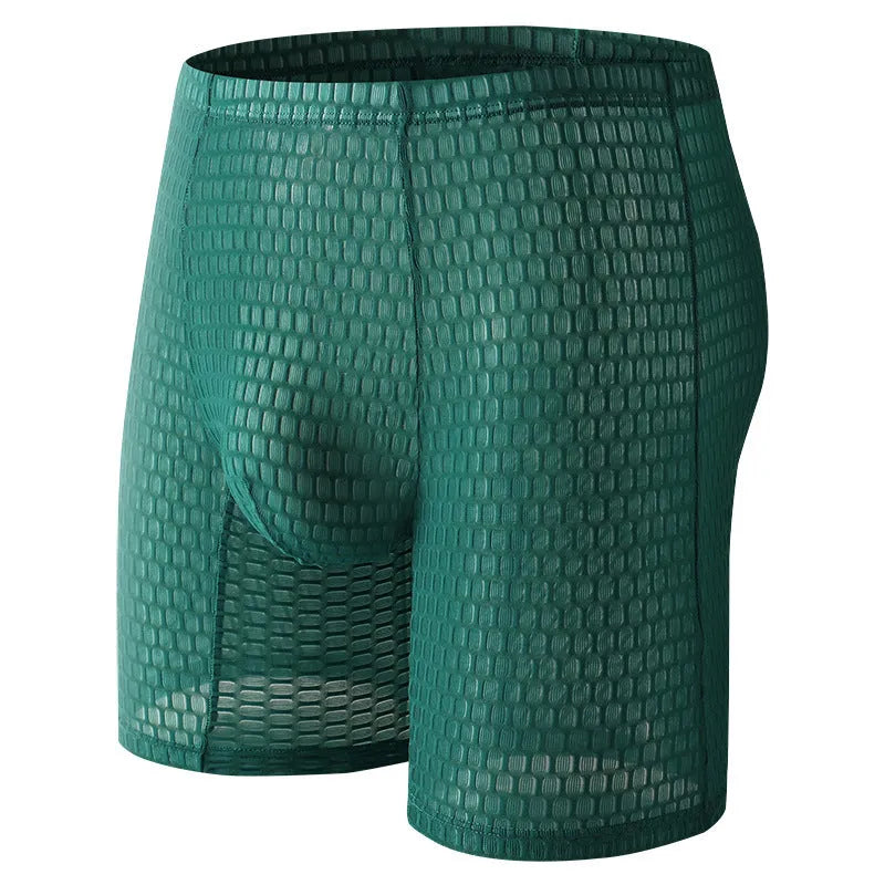 Men's white lace boxer shorts with lengthened hip lifting shaping design on a neutral background