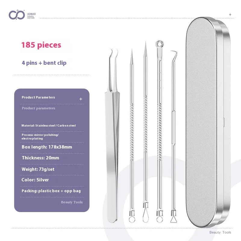 Four silver metal acne needles with fine pointed tips laid out on a flat surface.