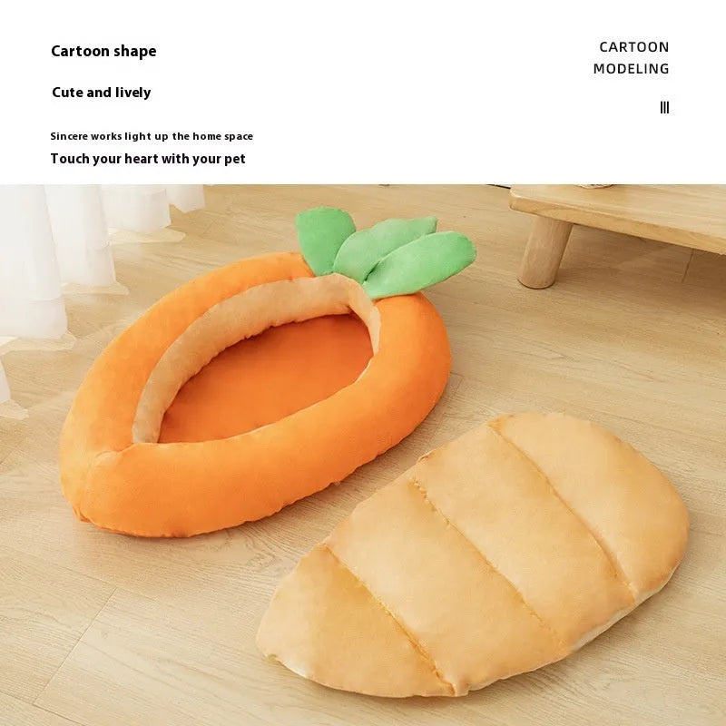 Orange carrot-shaped removable pet mattress for dogs on grey background
