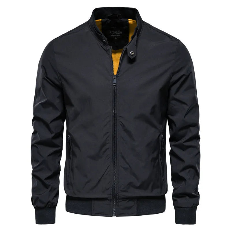 Men's solid colour thin casual jacket in polyester, shown in dark blue, black, and army green.
