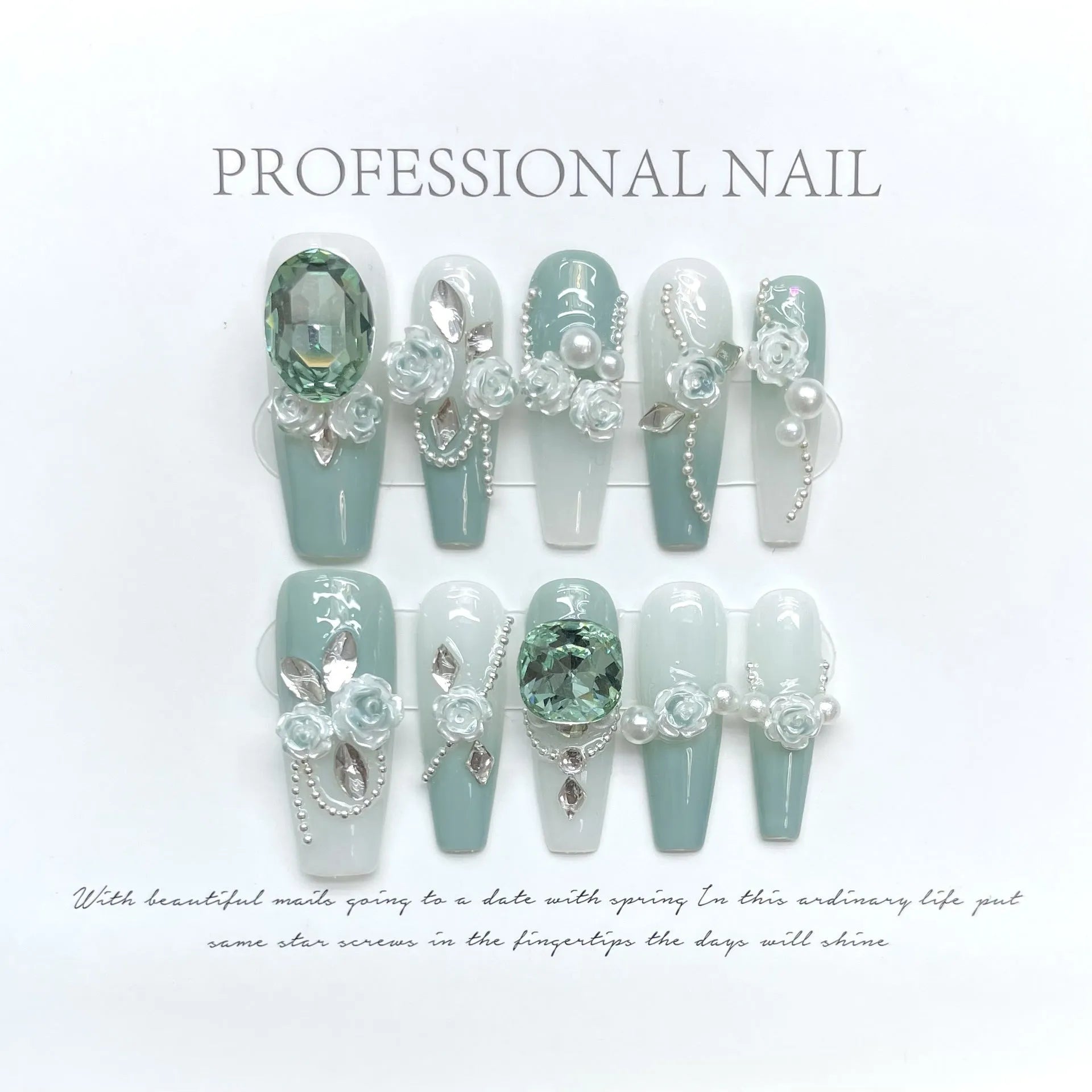 Green camouflage nail decals with bow and butterfly patterns and diamond camellia chains in four sizes