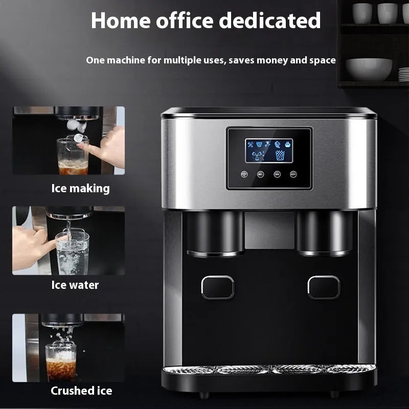 Black desktop ice making machine with stainless steel interior, showing ice maker, crusher, and cold water dispenser functions