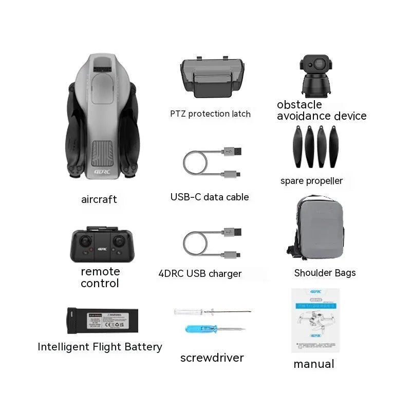 White folding quadcopter drone with camera, shown collapsed next to its remote control and shoulder bag.
