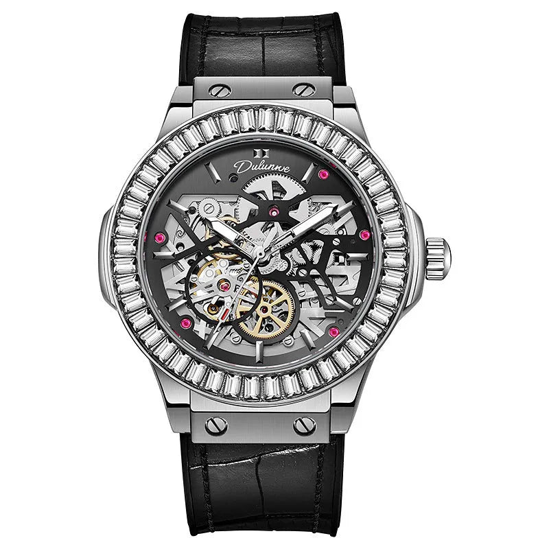 Men's automatic mechanical watch with diamond-studded bezel and skeleton movement visible through dial