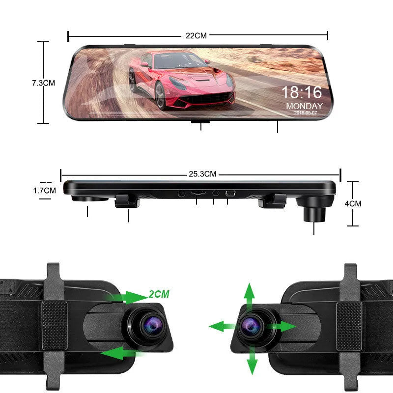 10-inch black rearview mirror driving recorder with 170-degree wide-angle lens and 12MP camera installed over car mirror