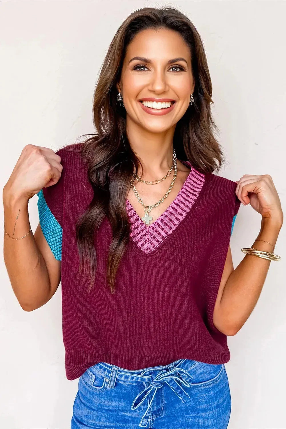 Women's burgundy V-neck sweater with contrast trim and elastic cuffed short sleeves