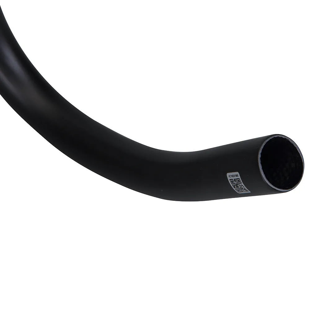 Black carbon fibre road bicycle handlebars showing large swing angle design
