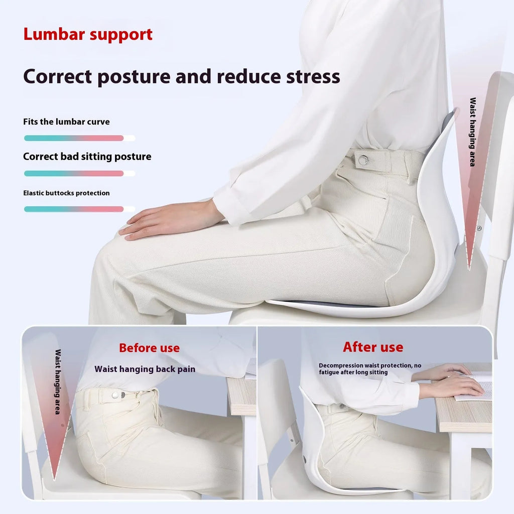 Grey and black lumbar support cushion for chair seat, showing classic and upgraded strong support models.