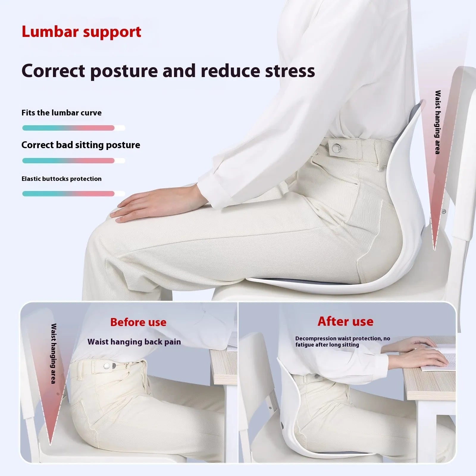 Grey and black lumbar support cushion for chair seat, showing classic and upgraded strong support models.