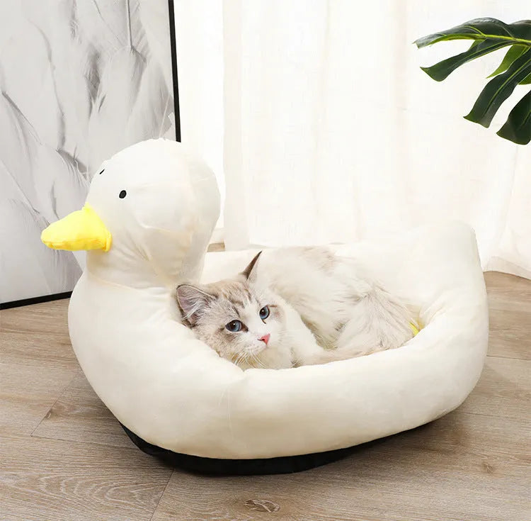 Duck-shaped fluffy pet bed sofa for small dogs and cats in blue colour