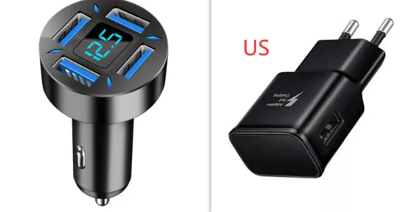 Four-port USB car charger with QC3.0 fast charging and LED voltage display for vehicles.