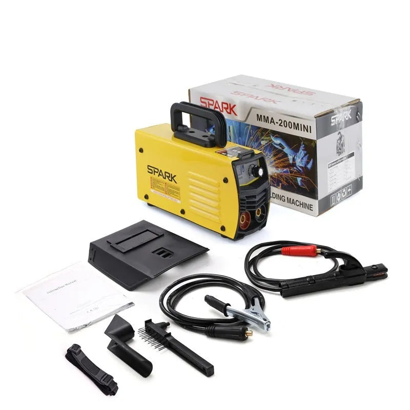 MMA-200MIN portable 220V DC inverter welding machine with tongs, clamp, shield, and brush.