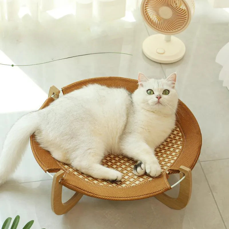 Brown woven rattan pet hammock bed measuring 46cm square with raised platform design
