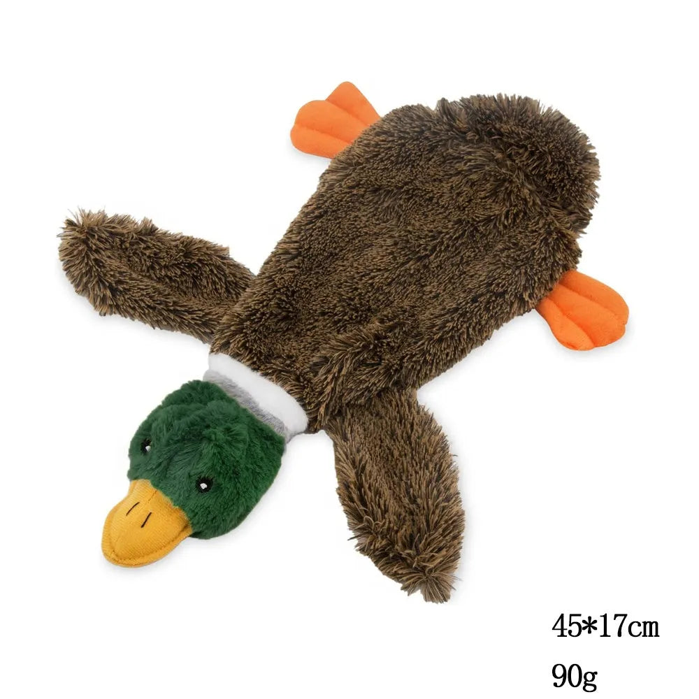 Green plush duck dog toy with stuffless design and two squeakers