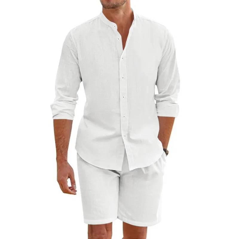 Men's summer short suit with lapel button-down shirt and drawstring shorts in hemp blend fabric