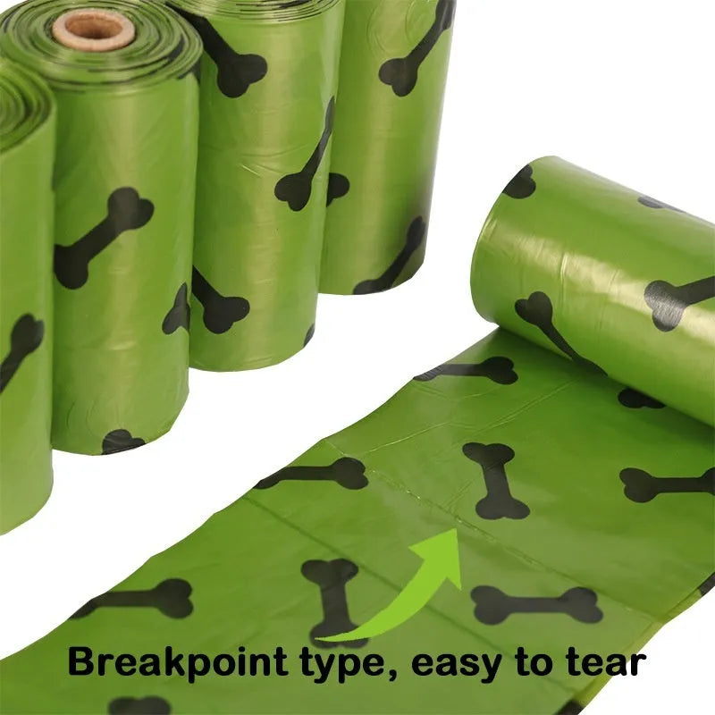 Degradable dog waste bag roll showing military green colour with black bone pattern print