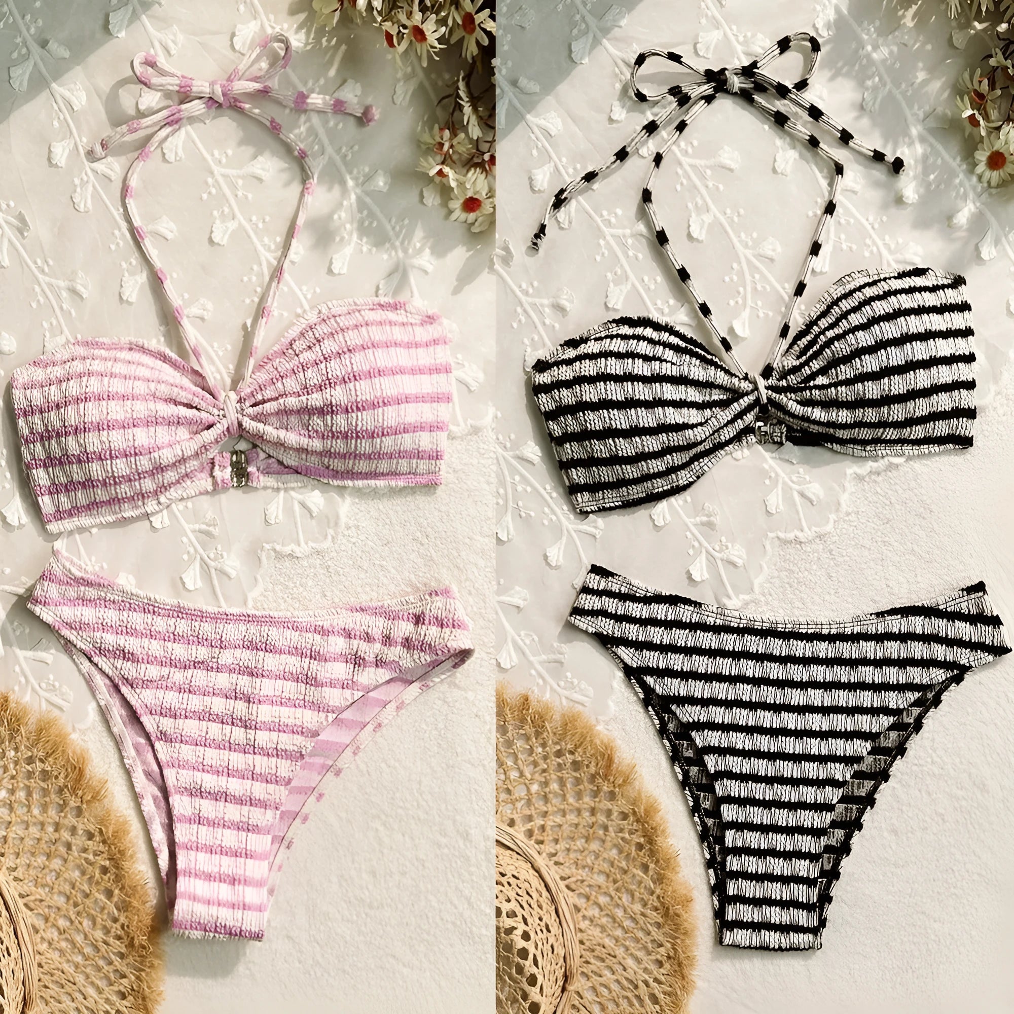 Women's bikini split striped printed swimsuit in pink, polyester fibre, sizes S to L