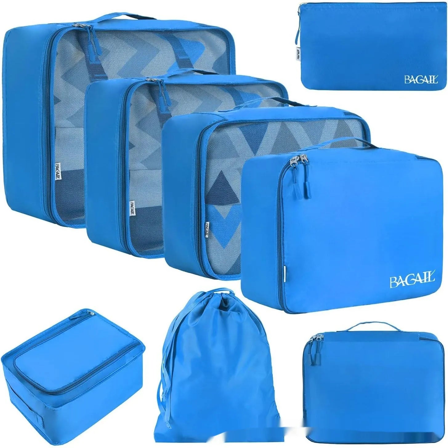 Eight cubic travel packing bags in various colours including beige, black, pink leopard print, and white pink stripes