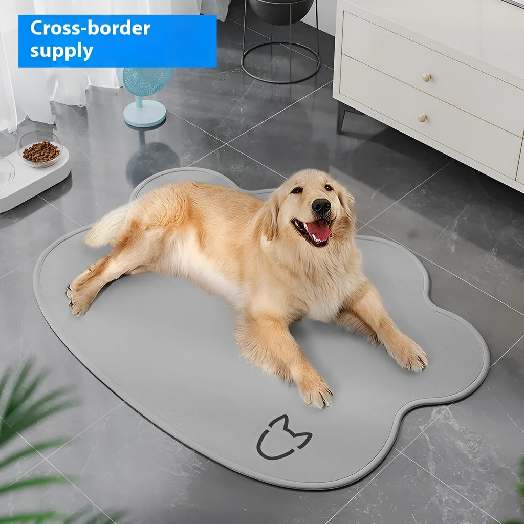 Iced silk pet cooling mat in dark grey with a simple dog head shape, shown on a hardwood floor.