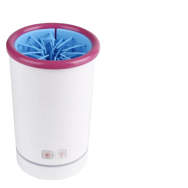 Automatic pet foot washing cup in white blue with silicone brush interior and USB power cable