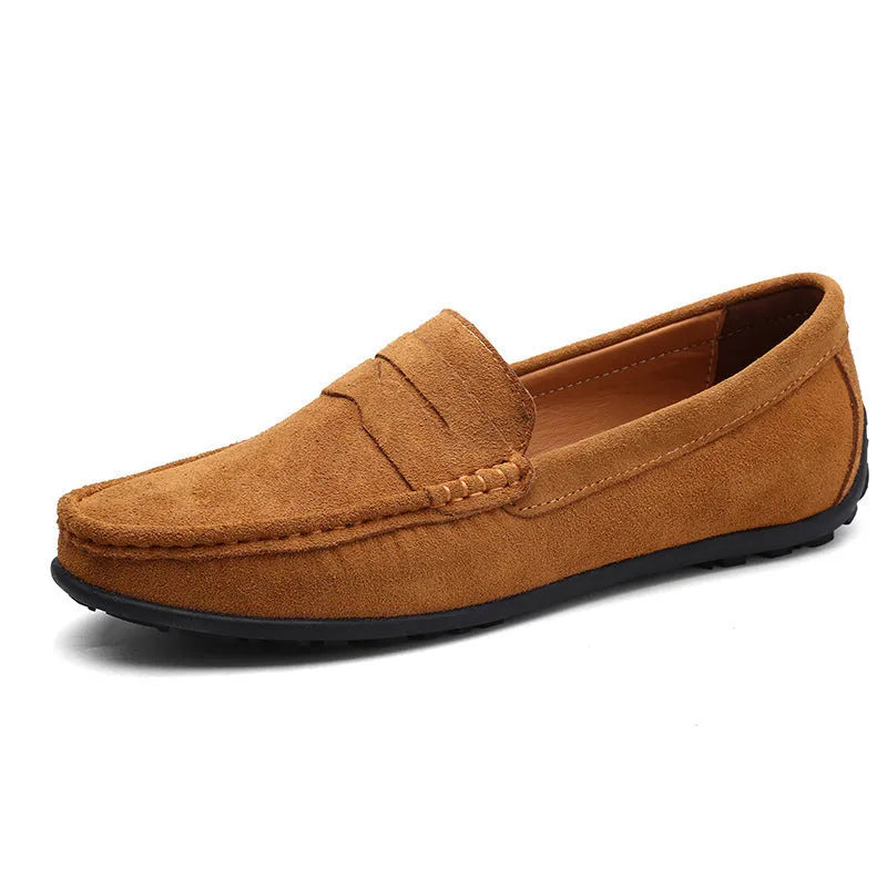 Men's brown suede casual loafers with flat rubber sole and round toe on a white background