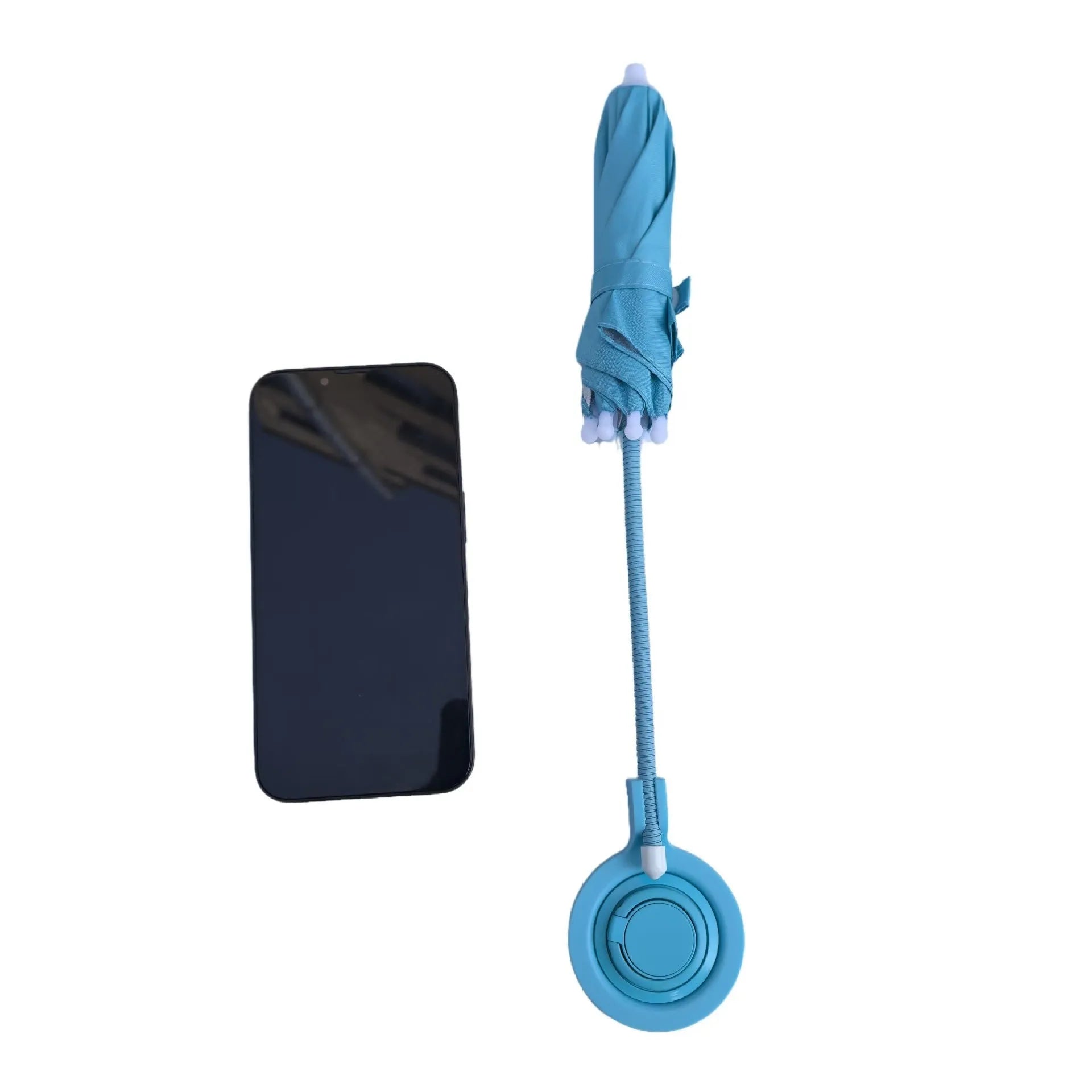 Magnetic retractable phone umbrella bracket with 6 iron bones, 210T NC fabric canopy, silver glue coating, black colour, side view