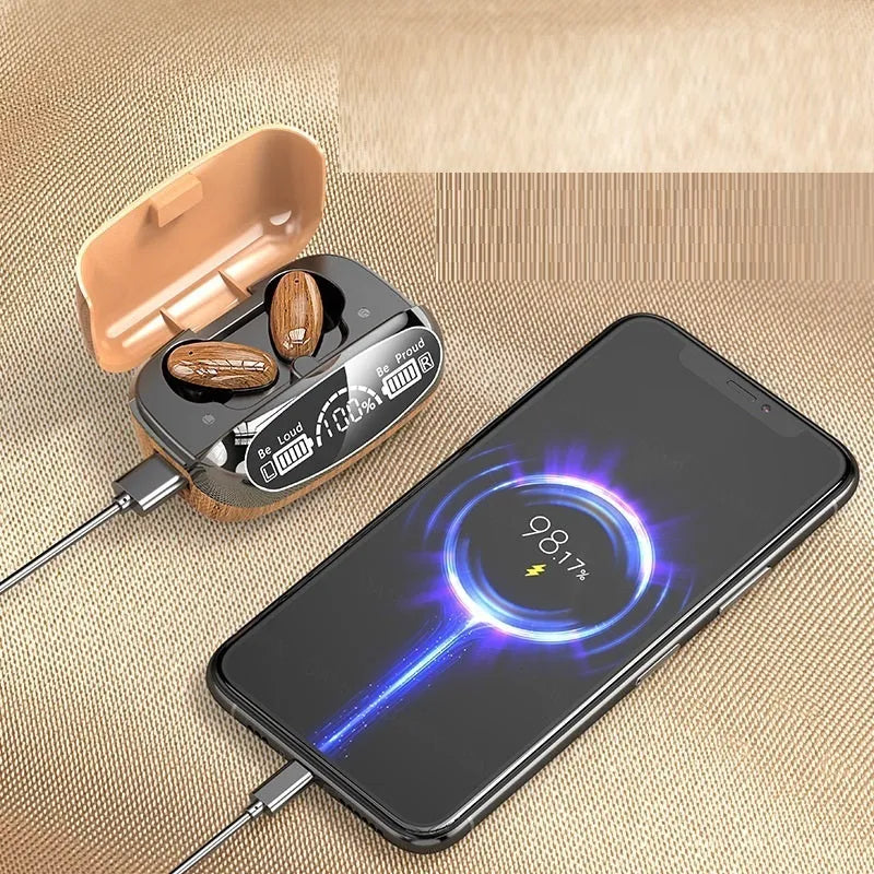 M35 Wood Grain Bluetooth wireless earbuds and charging case with power display