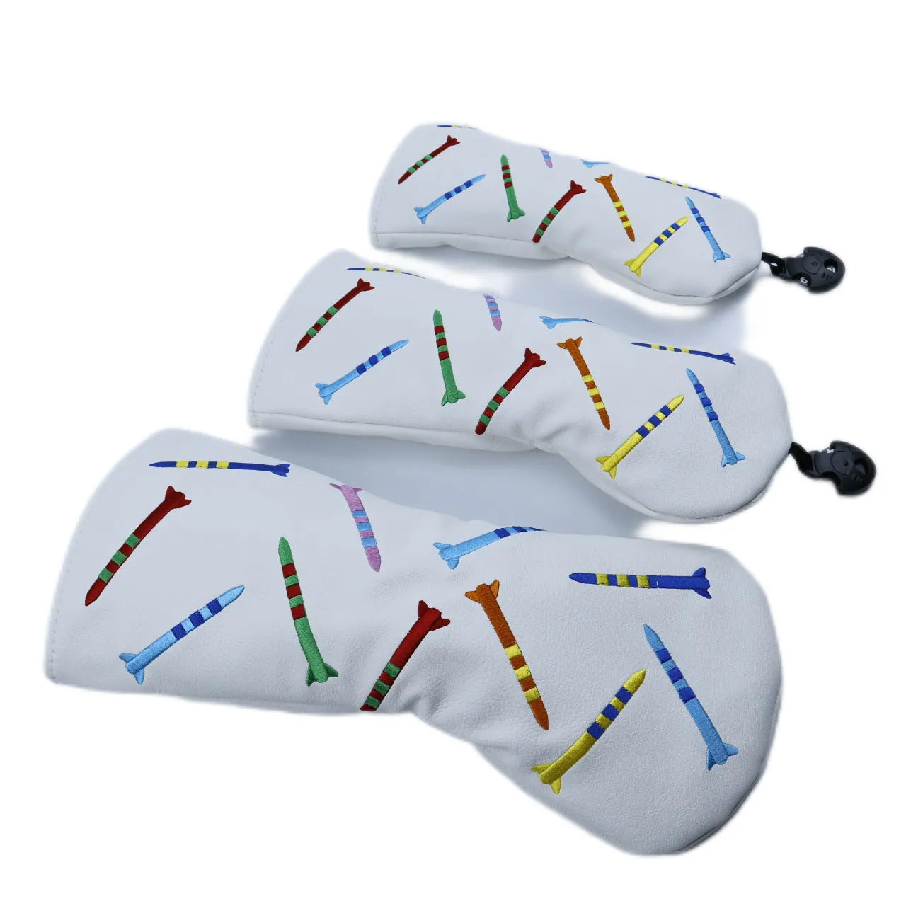 Black and white wooden putting pole sets for golf practice in three sizes.