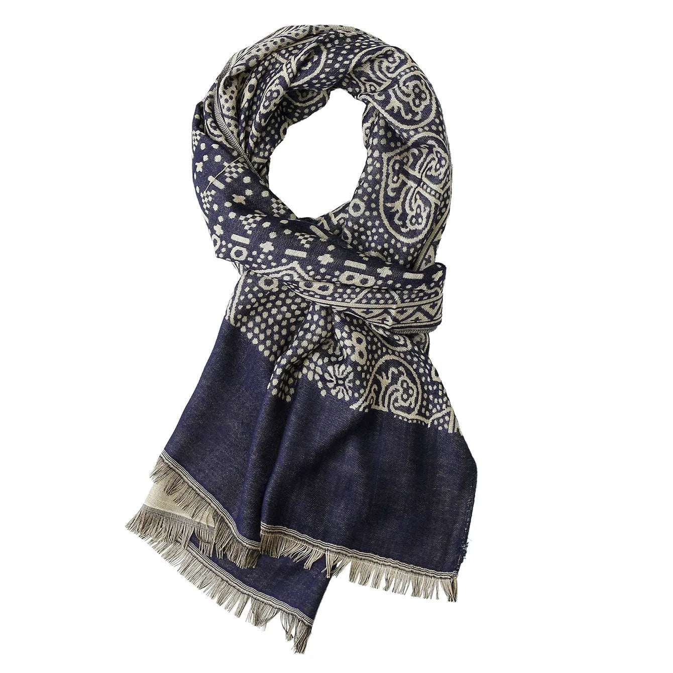 Yarn-dyed jacquard scarf with totem pattern, 65x195cm, black colour, unisex street style