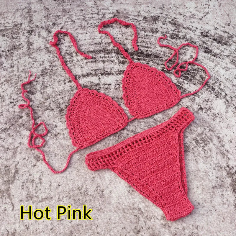 Women's three-piece bikini set with handmade crochet beach skirt in acrylic fabric