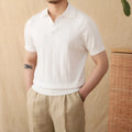 Purple cotton linen short sleeve polo shirt with sunken stripe knitted design and seagull collar
