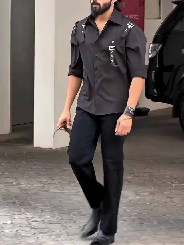 Men's black polyester utility button-up shirt with regular fit design