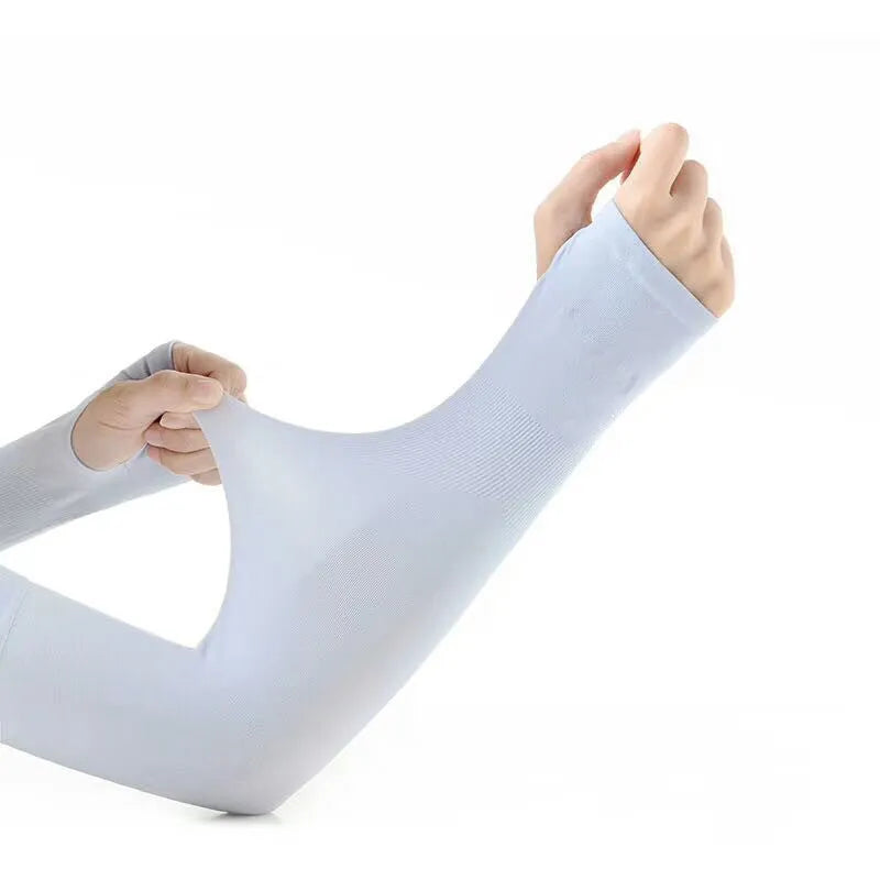 Unisex open-finger nylon sun protection sleeve for driving, shown in blue.