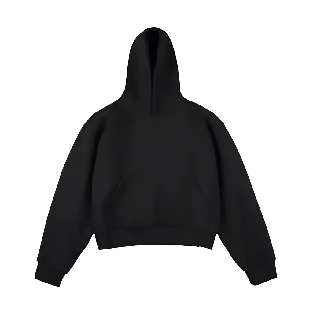Short black cotton composite velvet hooded sweater with a removable hood on a hanger.