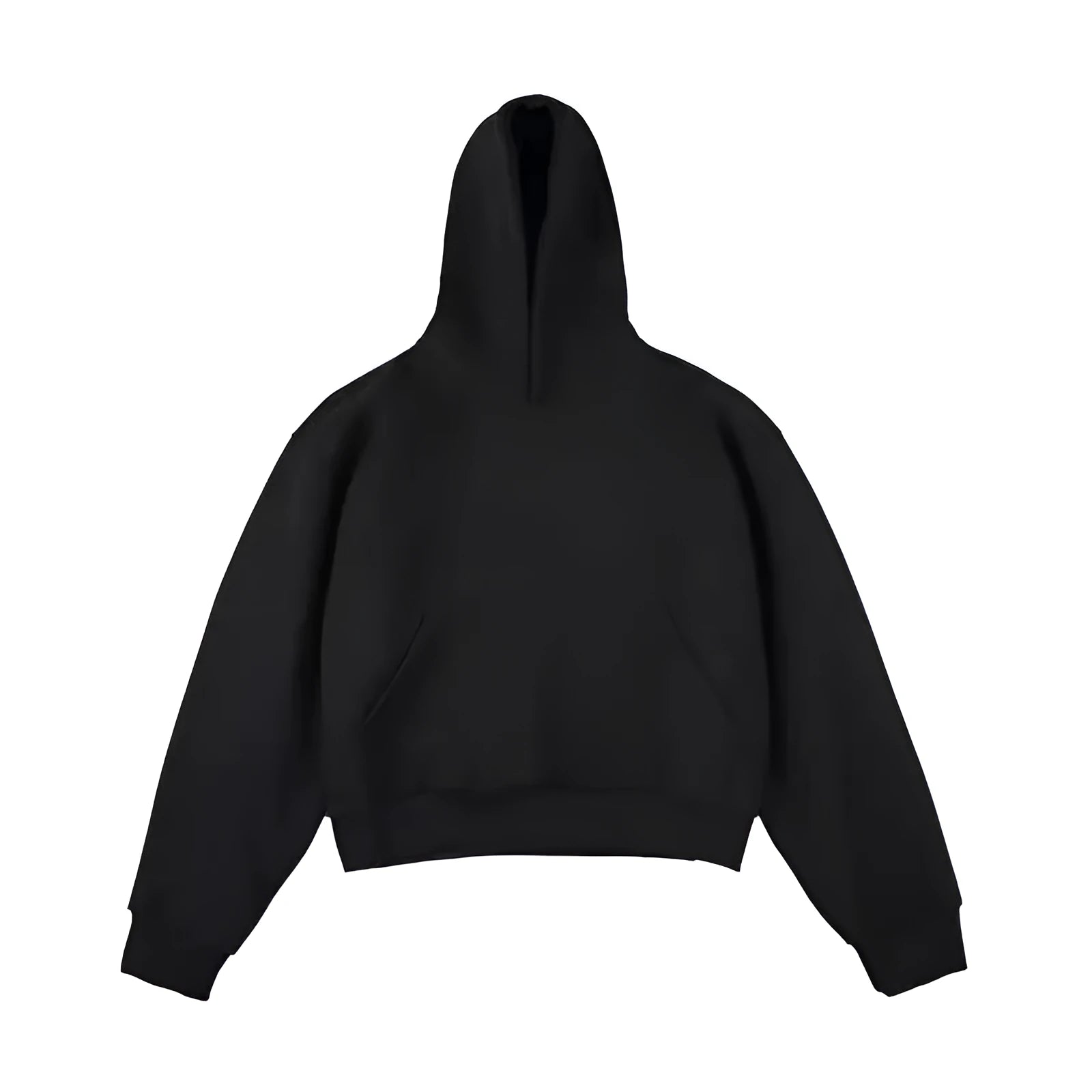 Short black cotton composite velvet hooded sweater with a removable hood on a hanger.