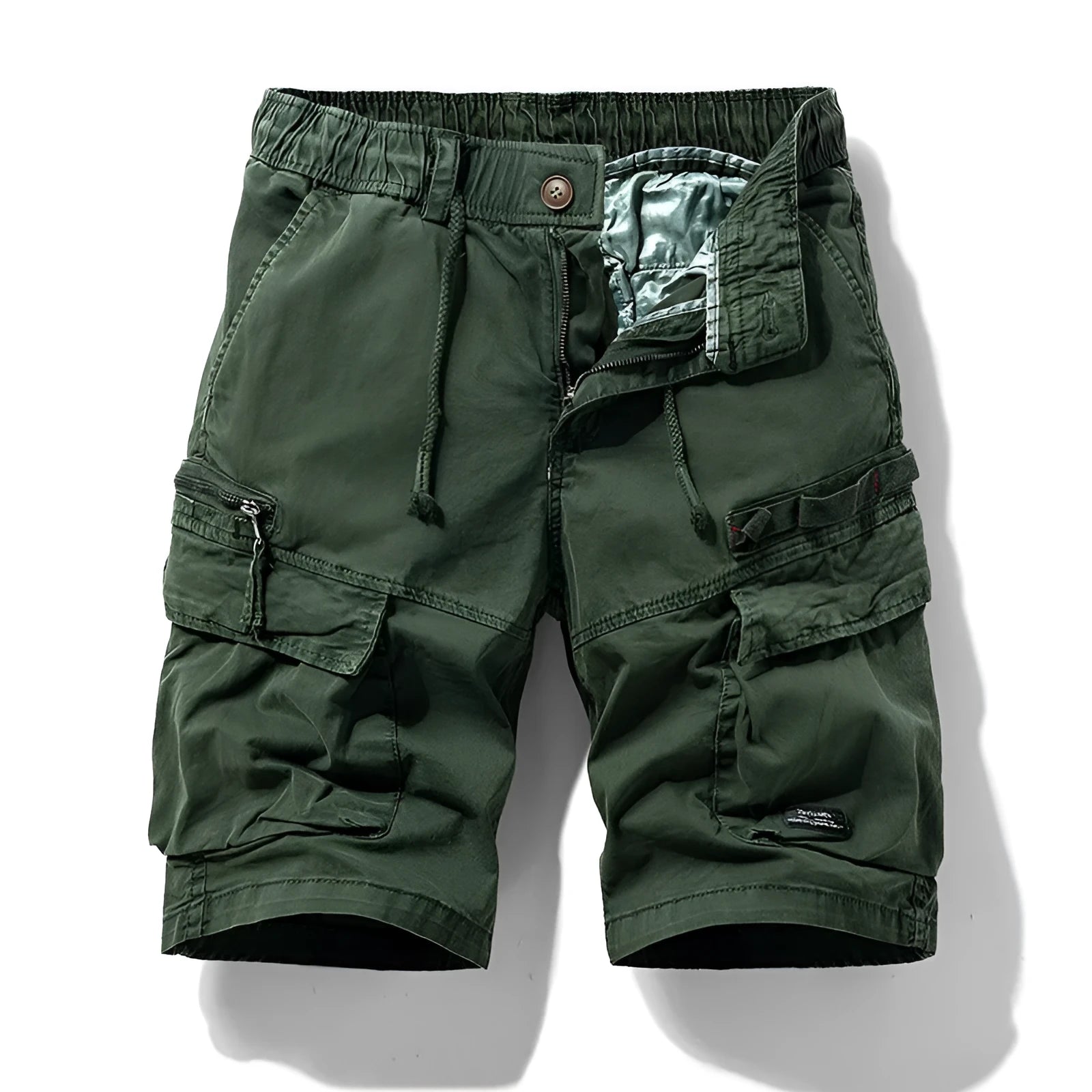 Men's army green cotton shorts with a zipper fly and multiple pockets, laid flat.