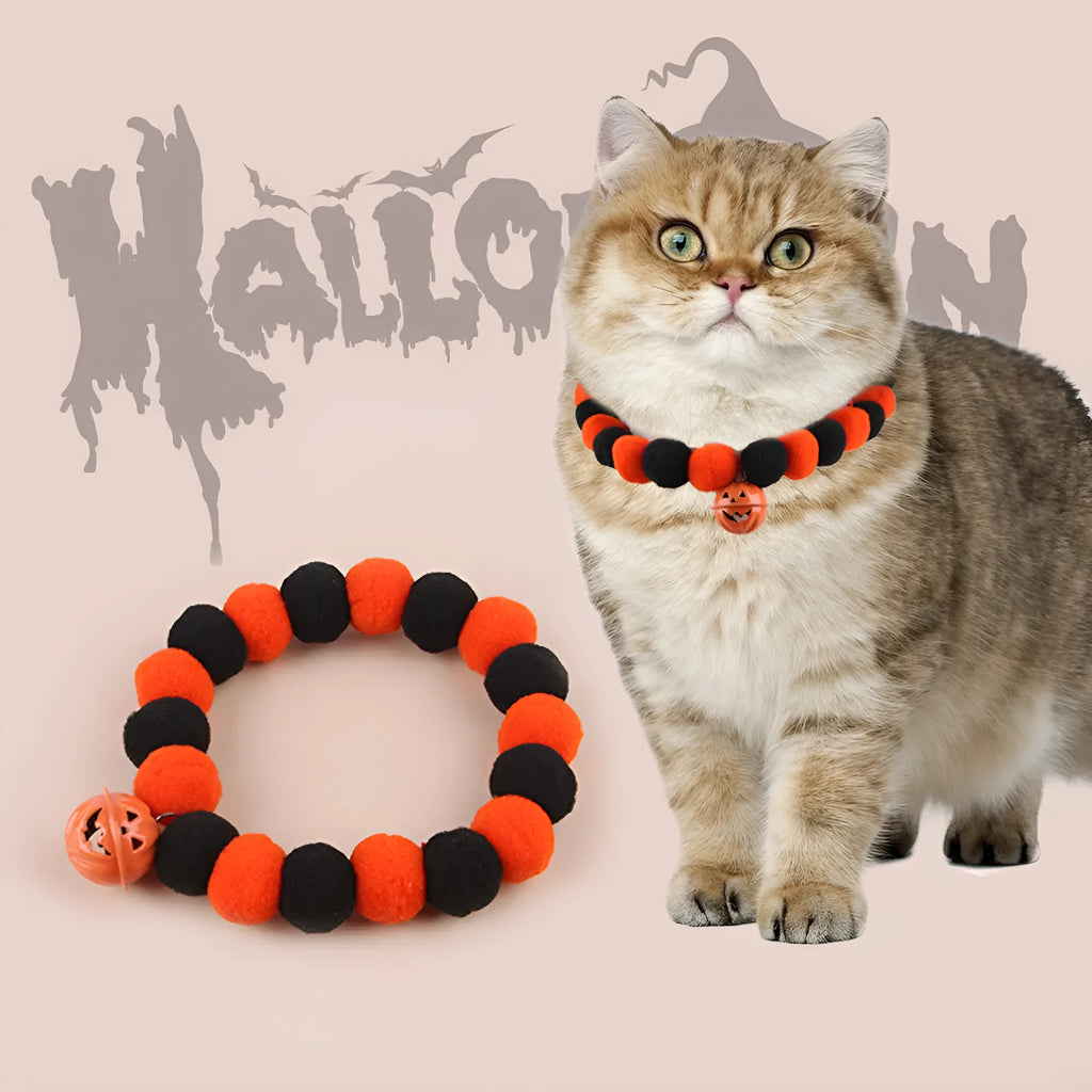 Halloween cat collar with pumpkin trick-or-treat design in three sizes